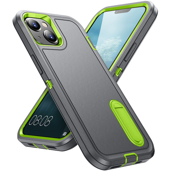 Apple iPhone 14 Plus Case Rugged Drop-Proof with Kickstand - Grey / Lime Green