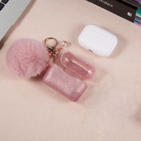 Apple Airpods Pro 2 Case Rugged Drop-Proof Thick Silicone TPU with Furball Ornament Key Chain & Strap - Rose Gold Glitter