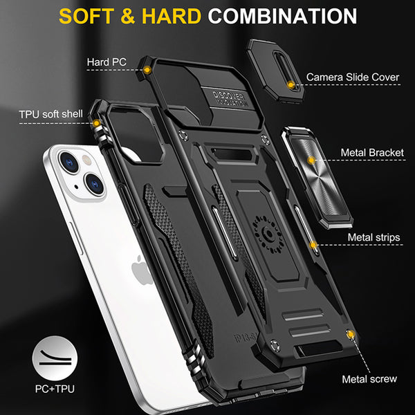 Case for Apple iPhone 15 (6.1") Triumph Rubberized Hybrid Camera Protective with Slide-On and Off Camera Protection Cover & Rotatable Ring Stand with - Black