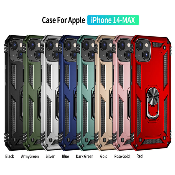 Apple iPhone 14 Plus Case Rugged Drop-Proof with Impact Absorption & Built-In Rotatable Ring Holder Stand Kickstand - Navy Blue