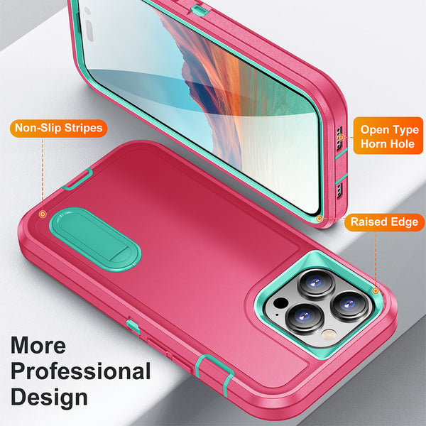 Apple iPhone 14 Pro Max Case Rugged Drop-Proof with Kickstand - Pink / Teal