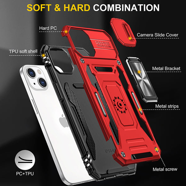 Apple iPhone 14 Case Rugged Drop-Proof Military Style with Sliding Camera Protection Cover & Rotatable Ring Holder Stand Kickstand - Red