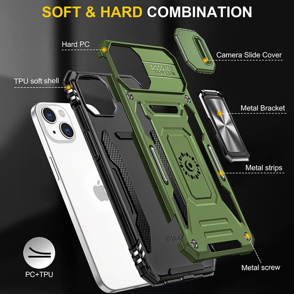 Apple iPhone 14 Plus Case Rugged Drop-Proof Military Style with Sliding Camera Protection Cover & Rotatable Ring Holder Stand Kickstand - Military Green