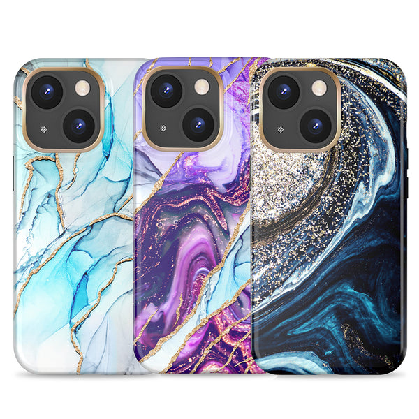 Apple iPhone 14 Case Rugged Drop-Proof Marble with Glitter - Purple Marble