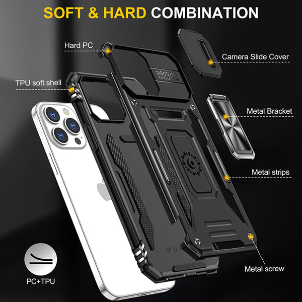 Case for Apple iPhone 15 Pro (6.1") Triumph Rubberized Hybrid Camera Protective with Slide-On and Off Camera Protection Cover & Rotatable Ring Stand with - Black