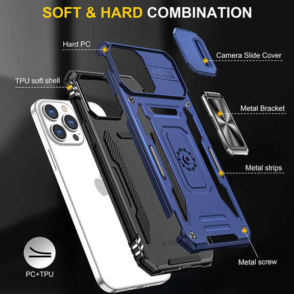 Case for Apple iPhone 15 Pro Max (6.7") Triumph Rubberized Hybrid Camera Protective with Slide-On and Off Camera Protection Cover & Rotatable Ring Stand with - Navy