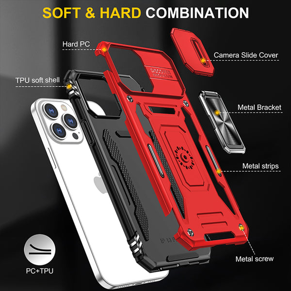 Apple iPhone 14 Pro Max Case Rugged Drop-Proof Military Style with Sliding Camera Protection Cover & Rotatable Ring Holder Stand Kickstand - Red