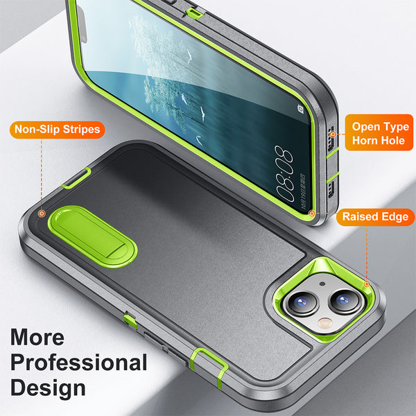 Apple iPhone 14 Plus Case Rugged Drop-Proof with Kickstand - Grey / Lime Green