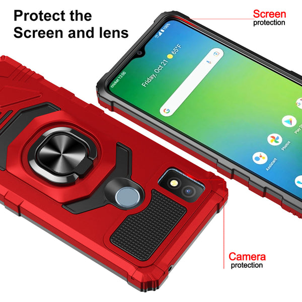 Case for Cricket Icon 4 Military Grade Ring Car Mount Kickstand with Tempered Glass Hybrid Hard PC Soft TPU Shockproof Protective - Red