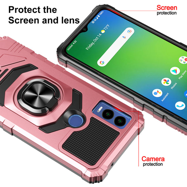 Case for Cricket Innovate E 5G Military Grade Ring Car Mount Kickstand with Tempered Glass Hybrid Hard PC Soft TPU Shockproof Protective - Rose Gold