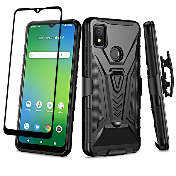 Case for Cricket Icon 4 with Tempered Glass Screen Protector Heavy Duty Protective Phone Built-In Kickstand Rugged Shockproof Protective Phone - Black