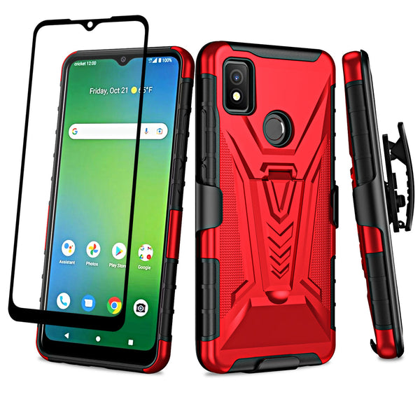 Case for Cricket Icon 4 with Tempered Glass Screen Protector Heavy Duty Protective Phone Built-In Kickstand Rugged Shockproof Protective Phone - Red