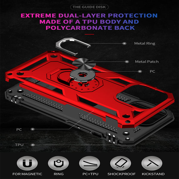 Case for Apple iPhone 15 Pro Max (6.7") Rubberized Hybrid Protective with Shock Absorption & Built-In Rotatable Ring Stand - Red