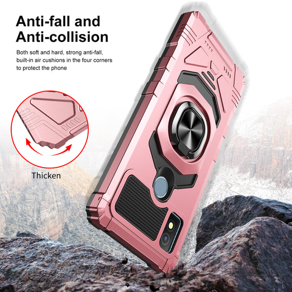 Case for Cricket Icon 4 Military Grade Ring Car Mount Kickstand with Tempered Glass Hybrid Hard PC Soft TPU Shockproof Protective - Rose Gold