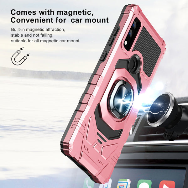 Case for AT&T Maestro 3 Military Grade Ring Car Mount Kickstand with Tempered Glass Hybrid Hard PC Soft TPU Shockproof Protective - Rose Gold