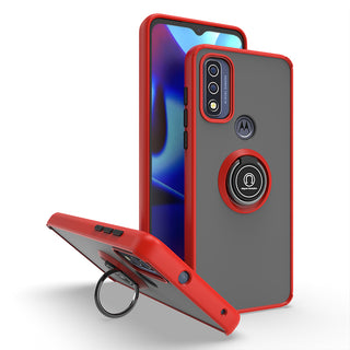 Motorola Moto G Power (2022), Moto G Pure Case Rugged Drop-proof Frosted with Camera Lens Protector & Ring Holder Stand Kickstand - Red with Black Buttons