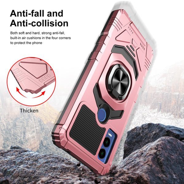Case for Cricket Innovate E 5G Military Grade Ring Car Mount Kickstand with Tempered Glass Hybrid Hard PC Soft TPU Shockproof Protective - Rose Gold