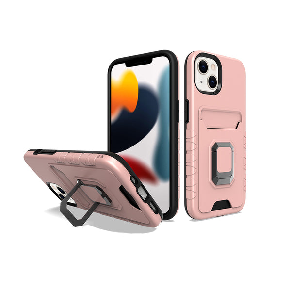 Apple iPhone 13 Case Rugged Drop-proof Impact Absorption with Built-In Card ID Slot & Ring Holder Stand Kickstand - Rose Gold