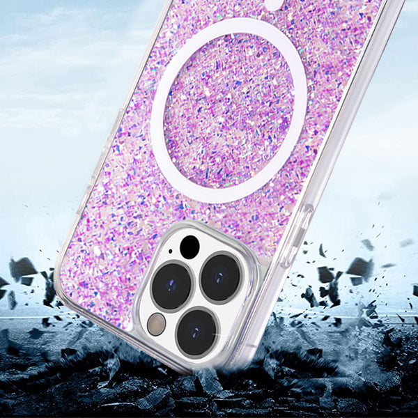 Apple iPhone 14 Pro Case Rugged Drop-Proof UV Coated Full Glitter MagSafe Compatible - Lavender