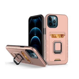 Apple iPhone 13 Pro Case Rugged Drop-proof Impact Absorption with Built-In Card ID Slot & Ring Holder Stand Kickstand - Rose Gold