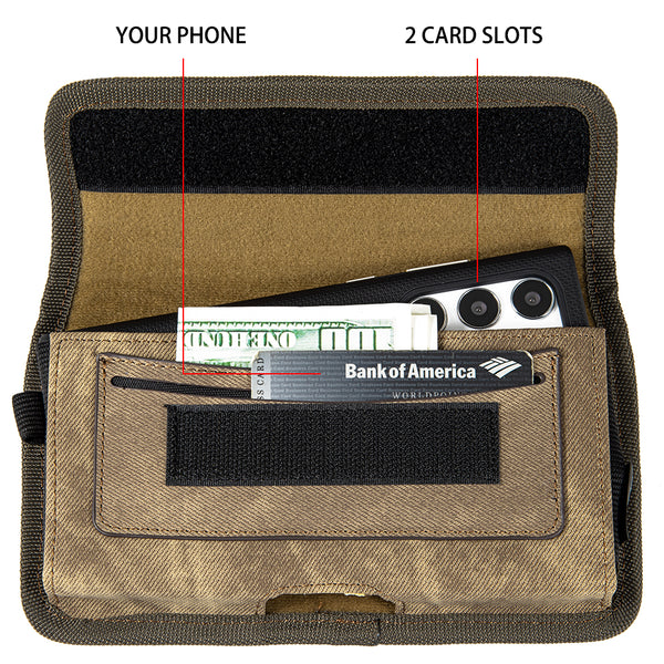 Universal Case Rugged Drop-Proof Horizontal Pouch with Dual Credit Card Slots - Light Brown Denim Fabric