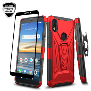 Case for Alcatel Jitterbug Smart3 with Tempered Glass Screen Protector Heavy Duty Protective Phone Built-In Kickstand Rugged Shockproof Protective Phone - Red