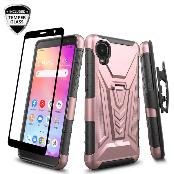 Case for TCL Ion Z / A3 / A30 with Tempered Glass Screen Protector Heavy Duty Protective Phone Built-In Kickstand Rugged Shockproof Protective Phone - Rose Gold