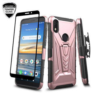 Case for Alcatel Jitterbug Smart3 with Tempered Glass Screen Protector Heavy Duty Protective Phone Built-In Kickstand Rugged Shockproof Protective Phone - Rose Gold