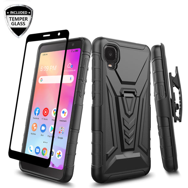 Case for TCL Ion Z / A3 / A30 with Tempered Glass Screen Protector Heavy Duty Protective Phone Built-In Kickstand Rugged Shockproof Protective Phone - Black
