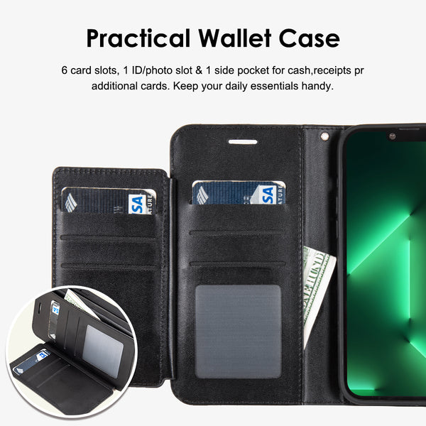 Apple iPhone 14 Pro Case Rugged Drop-Proof Leather Wallet with 6 Card Slots, Cash Slot & Lanyard - Black