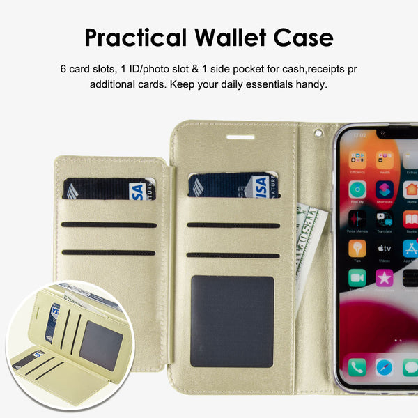 Apple iPhone 14 Pro Case Rugged Drop-Proof Leather Wallet with 6 Card Slots, Cash Slot & Lanyard - Gold