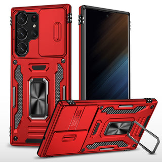 Samsung Galaxy S23 Ultra Case Rugged Drop-proof Military Style with Sliding Camera Protection Cover & Rotatable Ring Holder Stand Kickstand - Red