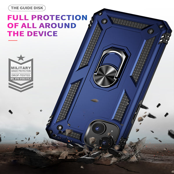 Apple iPhone 14 Case Rugged Drop-Proof with Impact Absorption & Built-In Rotatable Ring Holder Stand Kickstand - Navy Blue