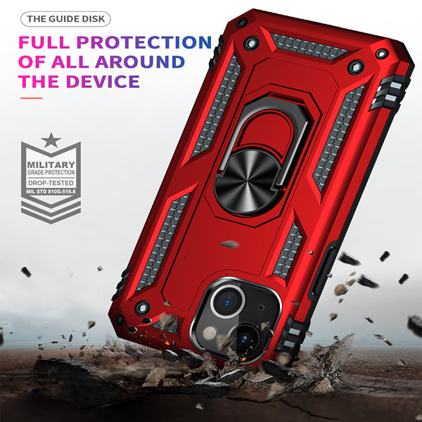 Apple iPhone 14 Plus Case Rugged Drop-Proof with Impact Absorption & Built-In Rotatable Ring Holder Stand Kickstand - Red