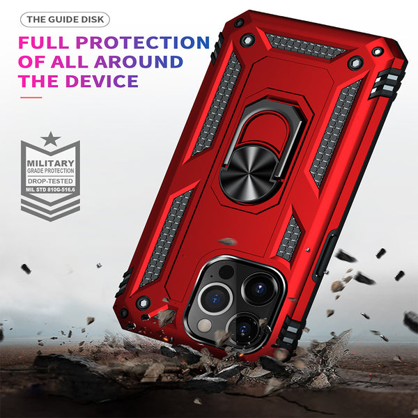 Case for Apple iPhone 15 Pro Max (6.7") Rubberized Hybrid Protective with Shock Absorption & Built-In Rotatable Ring Stand - Red
