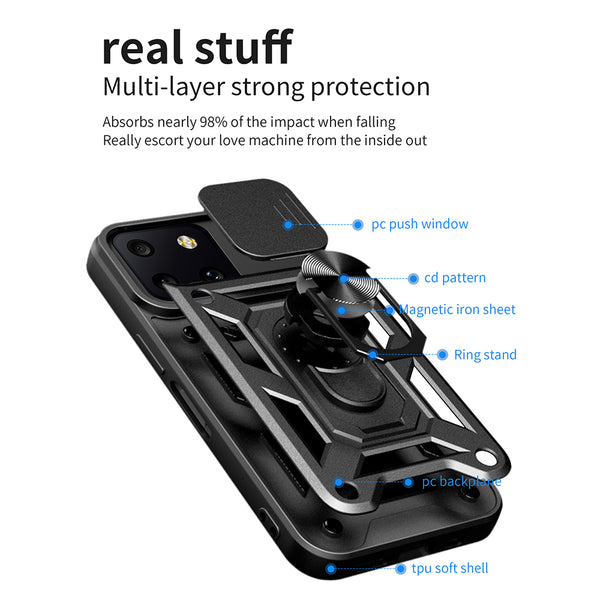 T-Mobile Revvl 6 5G Case Rugged Drop-Proof with Sliding Camera Protection Cover & Rotatable Ring Holder Stand Kickstand - Black