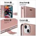 Apple iPhone 14 Case Rugged Drop-Proof Leather Wallet with 6 Card Slots, Cash Slot & Lanyard - Rose Gold