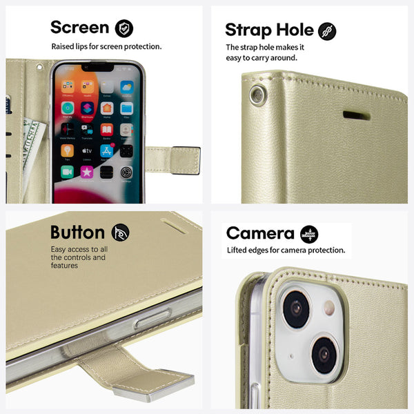 Apple iPhone 14 Plus Case Rugged Drop-Proof Leather Wallet with 6 Card Slots, Cash Slot & Lanyard - Gold