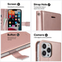 Apple iPhone 13 Pro Max Case Rugged Drop-Proof Leather Wallet with 6 Card Slots, Cash Slot & Lanyard - Rose Gold