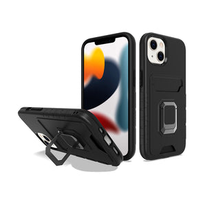 Apple iPhone 13 Case Rugged Drop-proof Impact Absorption with Built-In Card ID Slot & Ring Holder Stand Kickstand - Black
