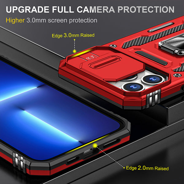 Case for Apple iPhone 15 Pro Max (6.7") Triumph Rubberized Hybrid Camera Protective with Slide-On and Off Camera Protection Cover & Rotatable Ring Stand with - Red