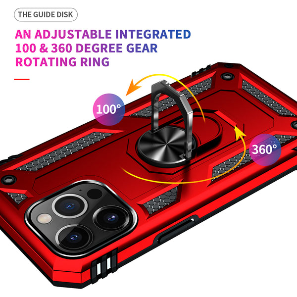 Apple iPhone 14 Pro Case Rugged Drop-Proof with Impact Absorption & Built-In Rotatable Ring Holder Stand Kickstand - Red