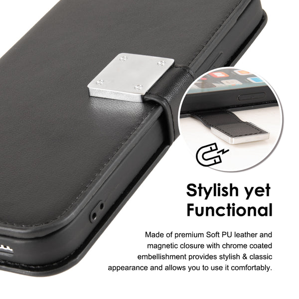 Apple iPhone 14 Case Rugged Drop-Proof Leather Wallet with 6 Card Slots, Cash Slot & Lanyard - Black