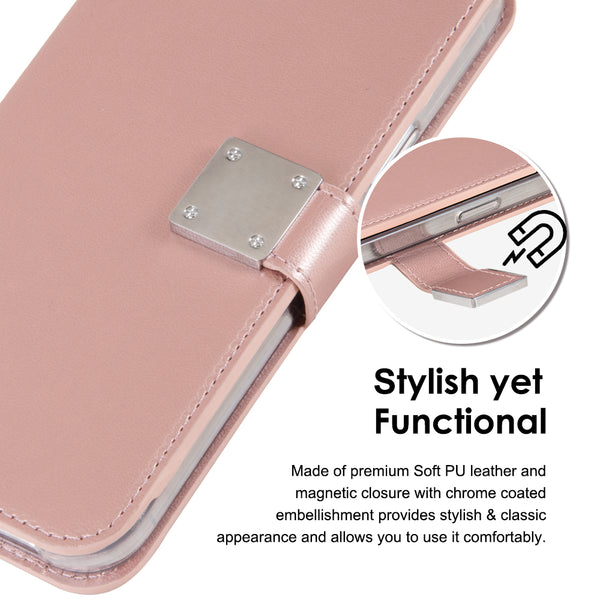 Apple iPhone 14 Pro Case Rugged Drop-Proof Leather Wallet with 6 Card Slots, Cash Slot & Lanyard - Rose Gold