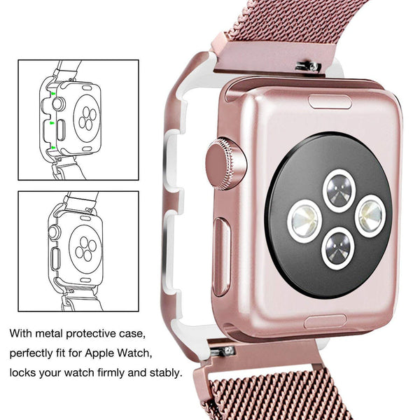 Case for Apple Watch Series 3 2 1 Stainless Steel Mesh Milanese Loop Compatible Case for Apple Watch Band with 42mm Adjustable Magnetic Closure Replacement Wristband Apple Watch Band - Rose Gold