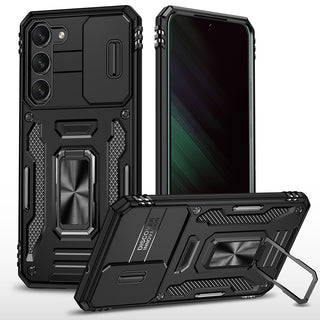 Samsung Galaxy S23 Case Rugged Drop-proof Military Style with Sliding Camera Protection Cover & Rotatable Ring Holder Stand Kickstand - Black