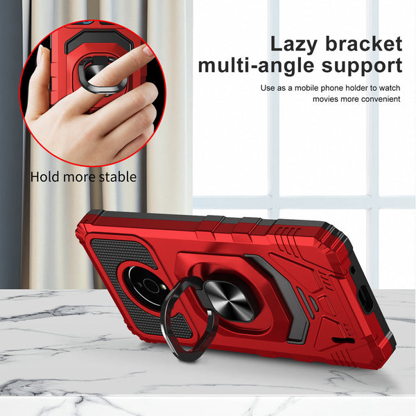 Case for Nokia C200 Military Grade Ring Car Mount Kickstand with Tempered Glass Hybrid Hard PC Soft TPU Shockproof Protective - Red