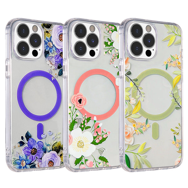 Apple iPhone 14 Pro Case Rugged Drop-Proof Floral Design MagSafe Compatible with Raise Camera Protection - Sage