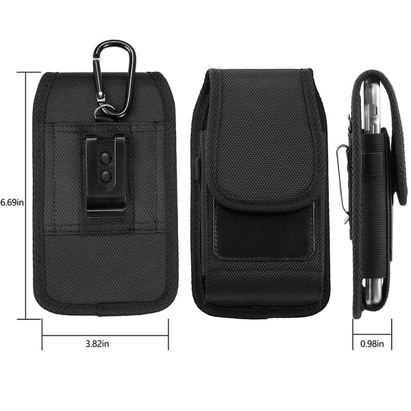 Universal Case Rugged Drop-Proof 5.5" Nylon Vertical Holster Pouch Carrier with Belt Clip & Carabiner - Black