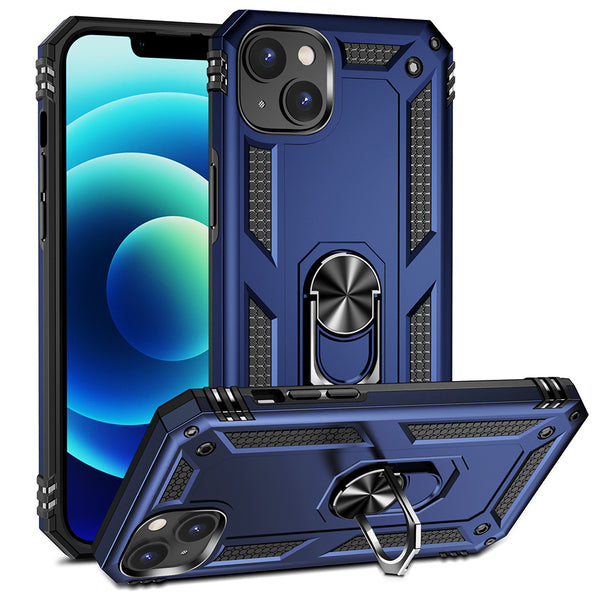 Apple iPhone 14 Case Rugged Drop-proof with Impact Absorption & Built-In Rotatable Ring Holder Stand Kickstand - Navy Blue